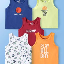 Doodle Poodle Single Jersey Knit Sleeveless Vests With Text & Basketball Print Pack of 5 - Blue Red & White-image-46