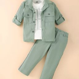 Robo Fry Viscose Woven Full Sleeves Textured Shirt & Trouser Set with Printed T-Shirt - Olive Green-image-46
