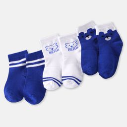 Doodle Poodle Cotton Knit Ankle Length Striped & Bear DesignedSocks Pack of 3 -Blue & White-picture-5