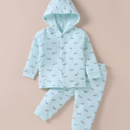 Tango Fleece Knit Full Sleeves Hooded Front Open Winter Night Suit With Animals Print - Light Blue-image-64