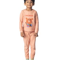 Plan B Cotton Blend Full Sleeves Mr Bear Printed Thermal Tee & Joggers Set - Light Pink-image-59