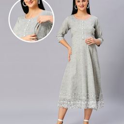 Dummy Shape Three Fourth Sleeves Textured Lace Work Detailed Flared Maternity Kurta With Concealed Zipper Nursing Access - Grey-image-92