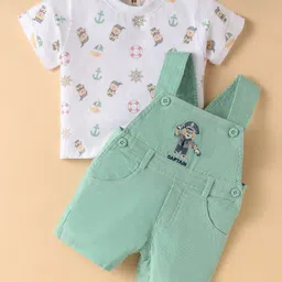 ToffyHouse Cotton Knit Dungaree & T-Shirt with Nautical Theme Print & Embroidery - Light Green & White-picture-9