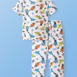 Pine Kids Single Jersey Knit Half Sleeves Night Suit with Dino Print - Blue White & Orange-image-70