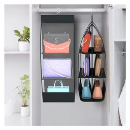 Kuber Industries Pack of 2 Hanging Organizer | 6 Pocket Storage Hanger | Handbag Organizer | Hanging Purse for Wardrobe | Transparent Clutch Organizer | Handbag Storage For Closet | Black-image-98