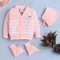 BUMZEE Full Sleeves Floral Embroidered Sweater With Cap & Socks Set - Peach-image-62