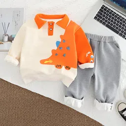 Googo Gaaga Cotton Full Sleeves Dinosaur Tail Designed Sweatshirt With Joggers Set - Cream-picture-1