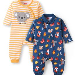 Babyhug 100% Cotton Knit Rompers with Stripes & Animal Print Pack of 2 - Yellow & Navy Blue-image-48