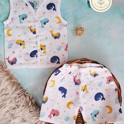 A Toddler Thing 100% Muslin Organic Cotton Sleeveless Dolphins Printed Jabla & Coordinating Shorts Set - White-image-52