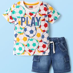 Babyhug Single Jersey Knit Half Sleeves T-Shirt & Denim Shorts Set With Football Print - White & Blue-image-16