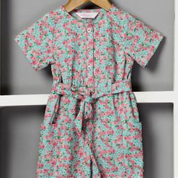 Budding Bees Cotton Half Sleeves Floral Printed Jumpsuit With Belt - Green-image-54