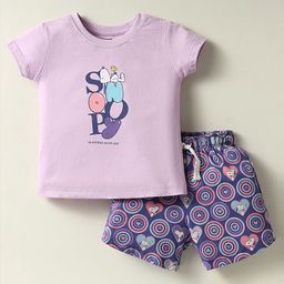CUCUMBER Sinker Knit Half Sleeves Shorts Night Suit with Snoopy Graphic - Lilac-image-90
