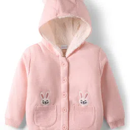 Babyhug Knitted Full Sleeves Front Open Hooded Sweater With Bunny Embroidery - Pink-picture-7