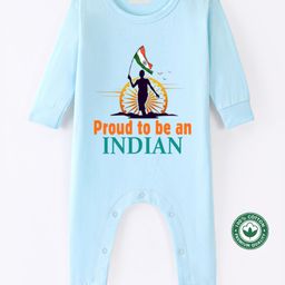 BLUSHES 100% Cotton Knit Independence Day Theme Full Sleeves Proud To Be An Indian Text Printed Romper - Aqua Blue-image-30