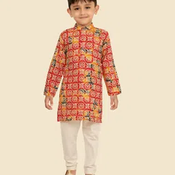 little desi Cotton Woven Full Sleeves Abstract Printed Kurta Pyjama Set - Red-picture-18
