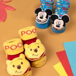 Yellow Bee Disney Pack of 2 Cotton Mickey Mouse & Winnie the Pooh Applique Detailed 3D Socks - Multi Color-picture-28