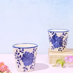 AMALAFIEE CERAMICS Blue & White 2 Pieces Floral Printed Ceramic Glossy Cups-42