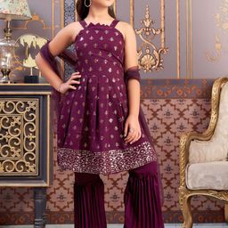 BAESD Girls Embroidered Pleated Sequinned Kurta with Palazzos & With Dupatta-image-9