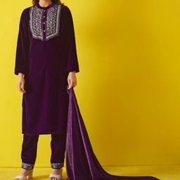 Anouk Violet Floral Embroidered Velvet Straight Kurta With Trouser & Dupatta-picture-4