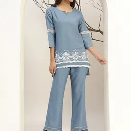 Bani Women Blue Color with Embroidery Round Neck Casual Tunic With Trouser Co-Ords Set-36