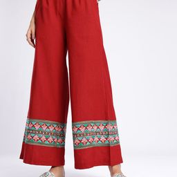 glitchez Women Wide Leg Ethnic Motifs Embroidered Trousers-image-78