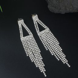 StyleCast Silver-Plated Rhinestone Studded Contemporary Shaped Tasselled Drop Earrings-image-50