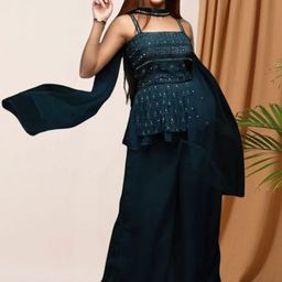PARROT CREATION Embroidered Straight Sequinned Kurti With Sharara And Dupatta-image-6