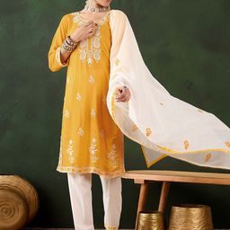 Sangria Embroidered Pure Cotton Kurta With Trousers & Dupatta-image-93