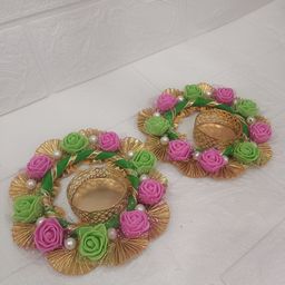 Sellplus 2Pcs Pink & Yellow Textured Flower T-Light Candle Holders-image-4