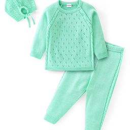 Babyhug Knitted Full Sleeves Sweater Set with Cap & Cable Knit Design - Sea Green-image-70