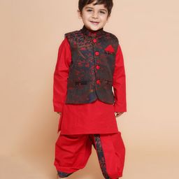AJ Dezines Full Sleeves Solid Kurta & Dhoti With Floral Woven Self Designed Jacket - Red-image-97