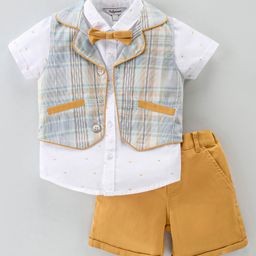 ToffyHouse Party Suit Half Sleeves Shirt & Shorts Set With Waistcoat Suspender & Bow Checkered - Gold & White-picture-25