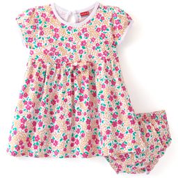 Babyhug Single Jersey Knit Half Sleeves Frock with Bloomer Floral Print - Yellow-picture-12