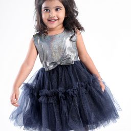 Babyhug Woven Sleeveless Party Wear Fit and Flare Dress with Shimmer Detailing - Navy Blue-image-74