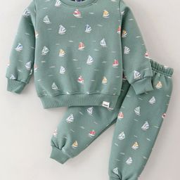 Teddy Fleece Knit Full Sleeves Winter Wear T-Shirt & Lounge Pant Set Boat Print - Sea Green-image-37