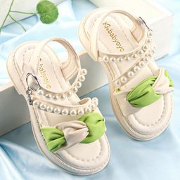 Babyoye Sandals with Bow & Pearl Detailing with Buckle Closure - Green & White-image-50