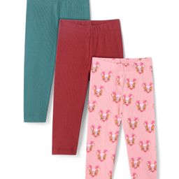 Bonfino 100% Cotton Rib Full Length Leggings With Solid Color & Deer Print Pack Of 3 - Maroon Teal & Pink-image-35