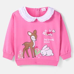 Babyhug Cotton Knit Full Sleeves Sweatshirt With Bunny Graphics & Lace Detailing - Dark Pink-image-35