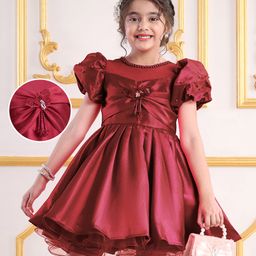 Mark & Mia Half Puffed Sleeves Solid Colour Party Frock with Pearl Detailing & Applique - Maroon-image-22