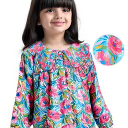 Babyhug Rayon Woven Full Sleeves Peter Pan Collar  Top with Floral Print -Pink & Blue-image-95