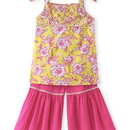 Ridokidz Sleeveless Floral Printed Lace Embellished Kurta With Sharara -Yellow & Pink-image-79
