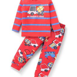 Babyhug Cotton Knit Full Sleeves Night Suit With Truck Print - Red-image-70