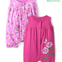 Babyoye Interlock Knit Sleeveless Rompers With Floral Print Pack of 2 - Dark & Light Pink-image-23