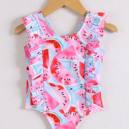 Mark & Mia Sleeveless V Cut Swimsuit with Tropical Print with Frill Detailing - Blue & Pink-image-41