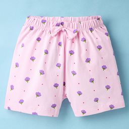 Tango Single Jersey Knit Above Knee Length Shorts with Floral Print & Bow Applique - Pink-image-34