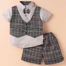 Mini Taurus Cotton Knit Half Sleeves Printed Shirt & Shorts Set With Attached Waistcoat & Bow Applique - Black-image-101
