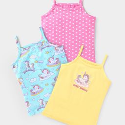 Babyhug 100% Cotton Knit Singlet Sleeves Slips with Unicorn & Hearts Print Pack of 3- Aqua Blue Pink & Yellow-image-95