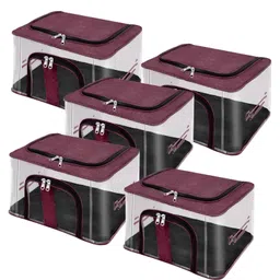 Storite 5 Pack Nylon 33 L PVC Transparent Moisture Proof Storage box for Clothes Closet Wardrobe Organizer Bag for Clothes Saree Bags with Carry Handle - (Vivid Red-picture-26