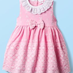 Babyhug Cotton Woven Sleeveless Floral Embroidered Frock With Lace Detailing & Bow Applique - Light Pink-image-74