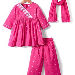 Babyhug Cotton Woven Full Sleeves Embriodered Kurta Pallazo Set With Dupatta - Pink-image-34
